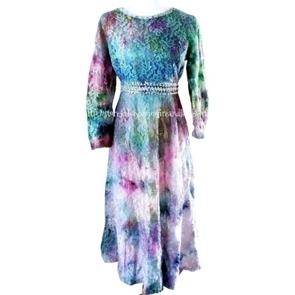 VINTAGE 70S CUSTOM DIP DYED LACE SEQUIN RICK RAC DRESS SZ S M - Picture 4 of 11